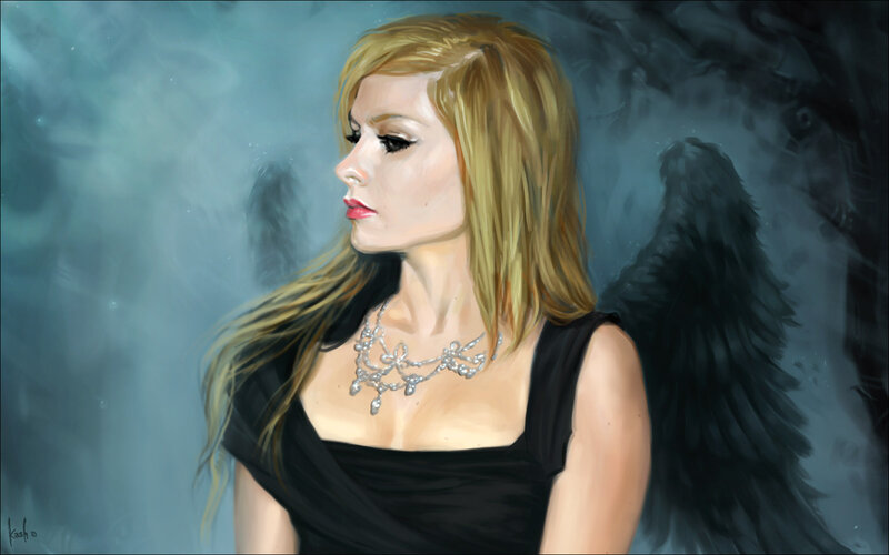 Woman with Black Wings — Blue, Dramatic, Digital Art, Necklace