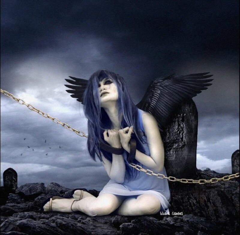 Woman with Black Wings — Blue, Dramatic, Night, Digital Art, Chains