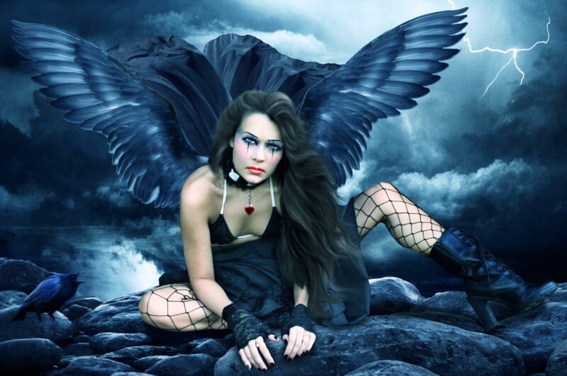 Woman with Black Wings — Blue, Dramatic, Night, Digital Art, Crow
