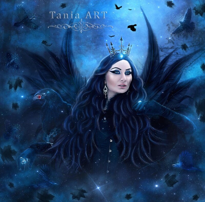 Woman with Black Wings — Blue, Dramatic, Night, Digital Art, Crown