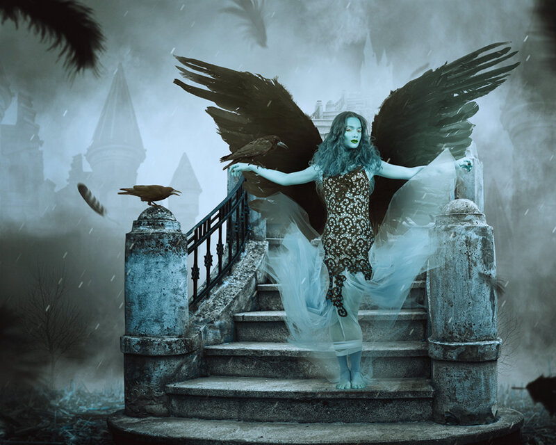 Woman with Black Wings — Blue, Dramatic, Night, Digital Art, Crows, Castle