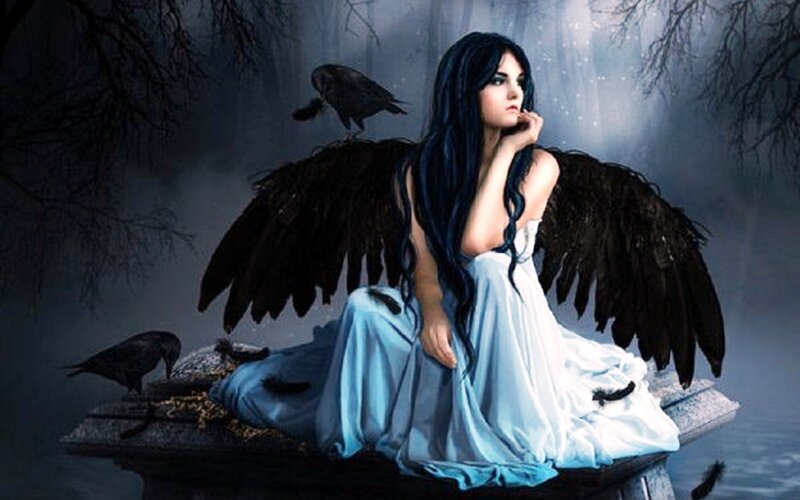 Woman with Black Wings — Blue, Dramatic, Night, Digital Art, Crows