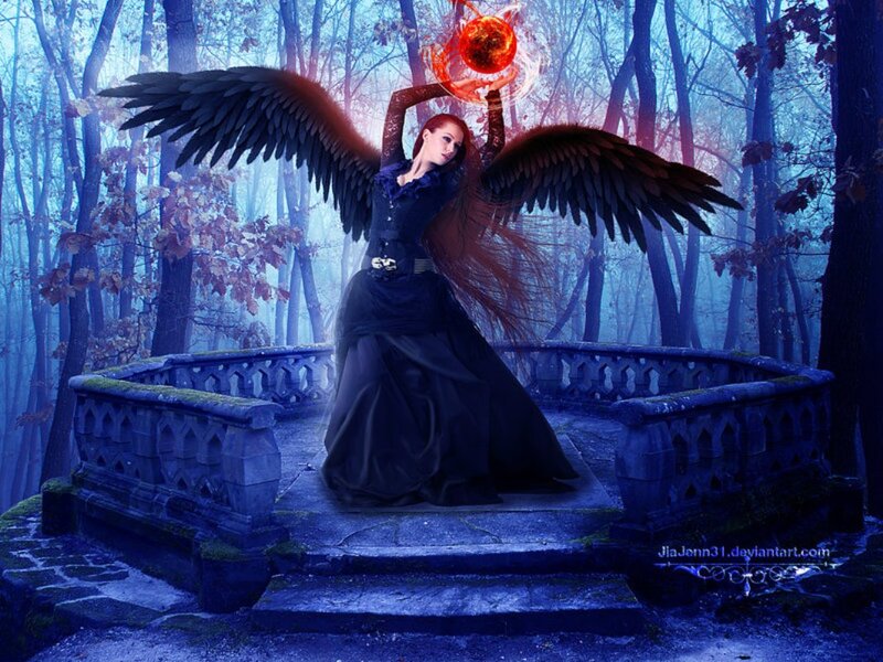 Woman with Black Wings — Blue, Dramatic, Night, Digital Art, Forest
