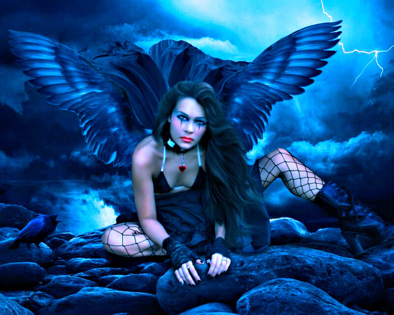 Woman with Black Wings — Blue, Dramatic, Night, Digital Art, Lightning