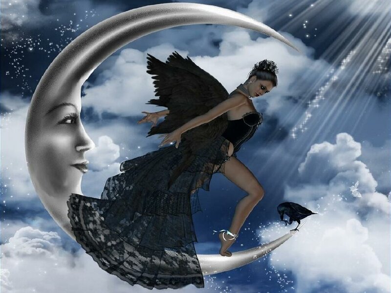 Woman with Black Wings — Blue, Dramatic, Night, Digital Art, Moon, Crow
