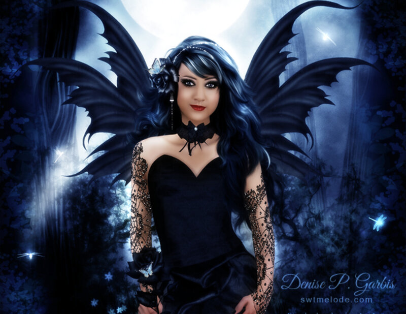Woman with Black Wings — Blue, Dramatic, Night, Digital Art, Moon, Forest