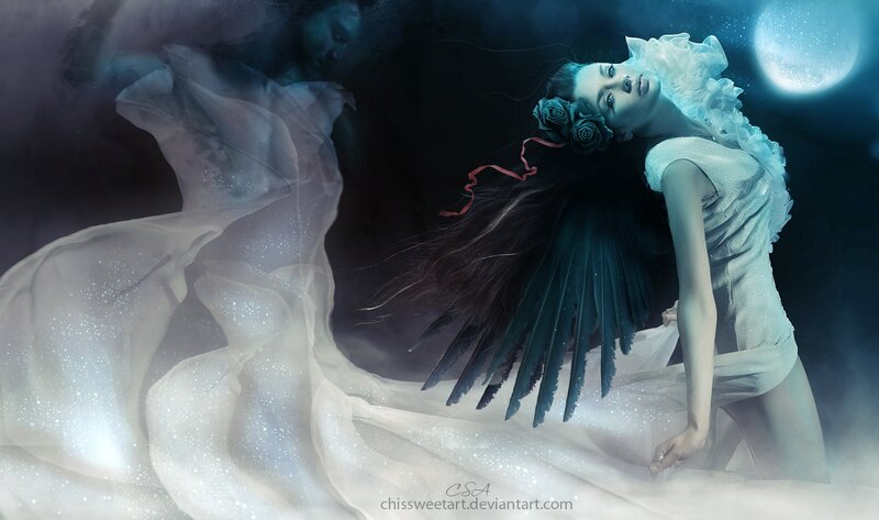 Woman with Black Wings — Blue, Dramatic, Night, Digital Art, Moon