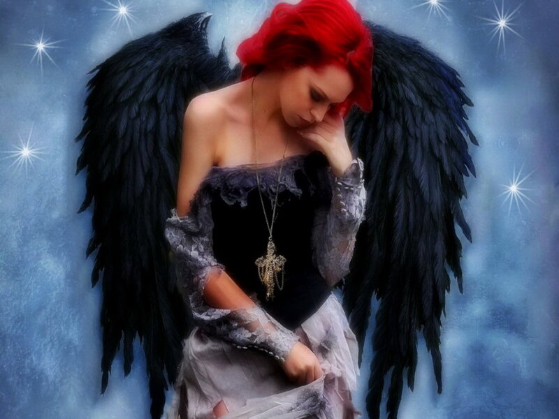 Woman with Black Wings — Blue, Dramatic, Night, Digital Art, Red Hair