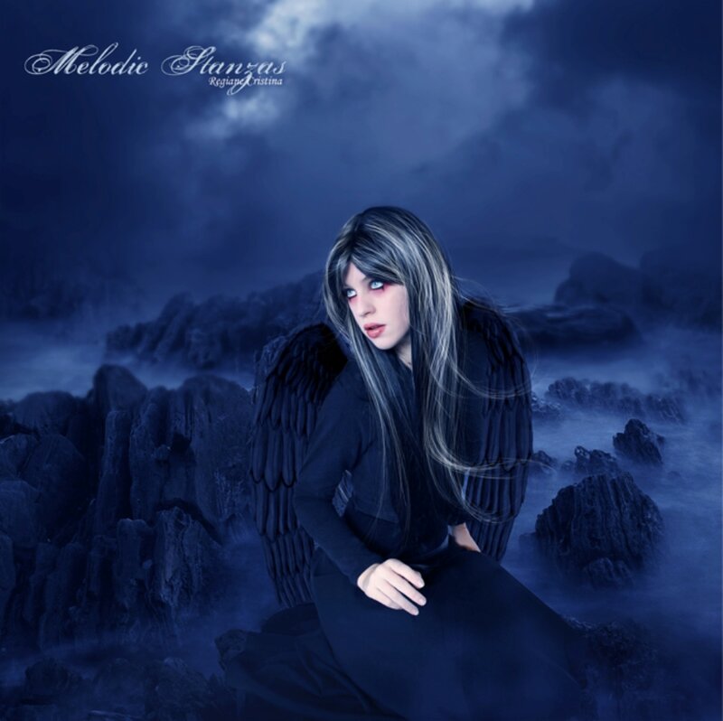 Woman with Black Wings — Blue, Dramatic, Night, Digital Art, Rocks