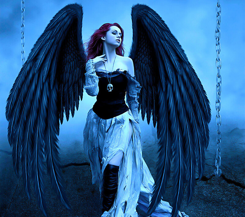 Woman with Black Wings — Blue, Dramatic, Night, Digital Art, Skull Necklace