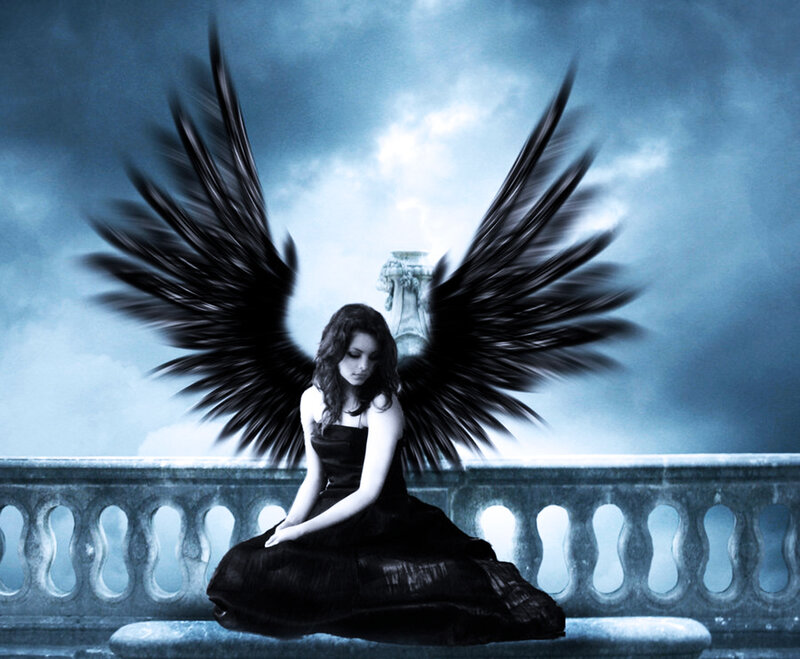 Woman with Black Wings — Blue, Dramatic, Night, Digital Art