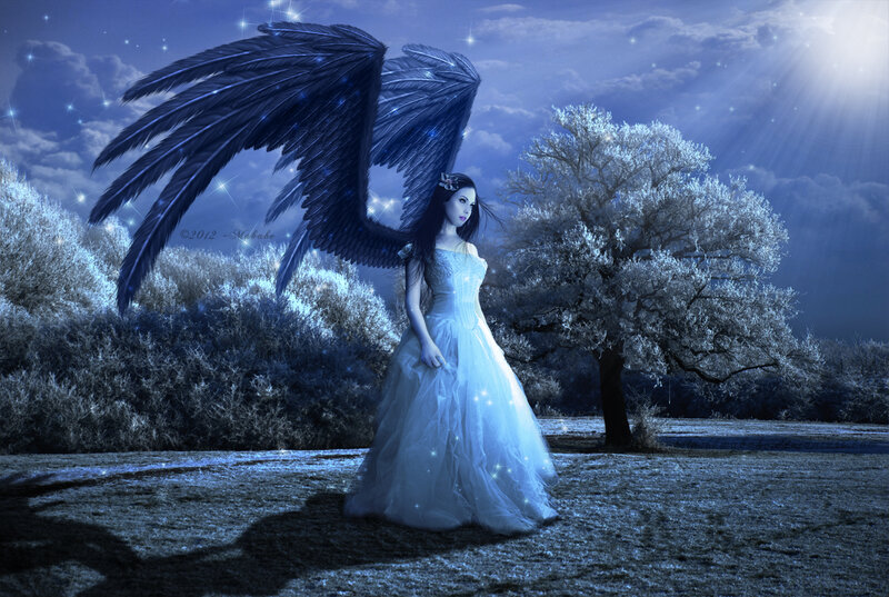 Woman with Black Wings — Blue, Dramatic, Night, Digital Art, Tree, Dress