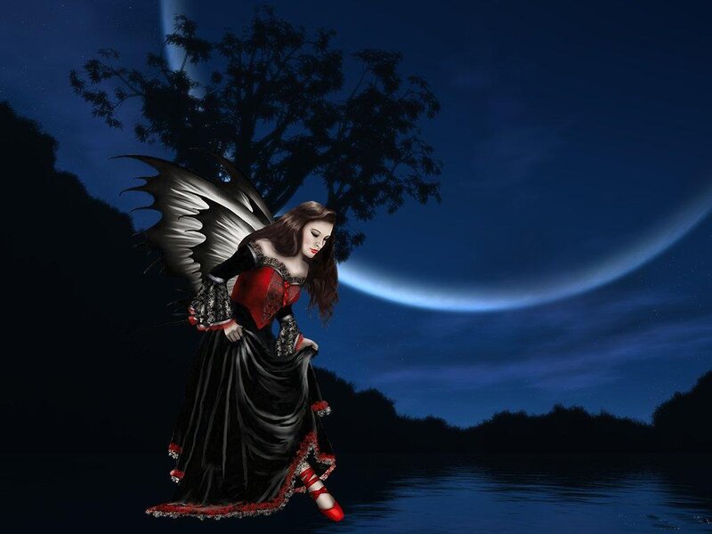 Woman with Black Wings — Blue, Dramatic, Night, Digital Art, Tree