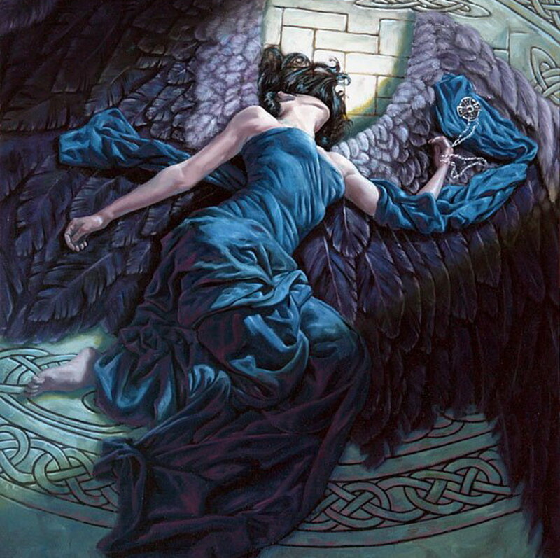 Woman with Black Wings — Blue, Dramatic, Painting
