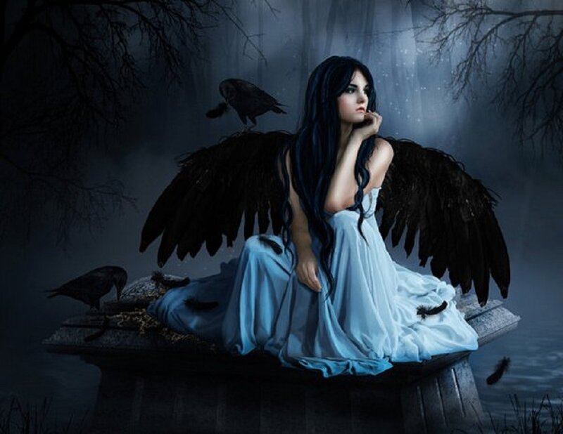 Woman with Black Wings — Blue, Dramatic