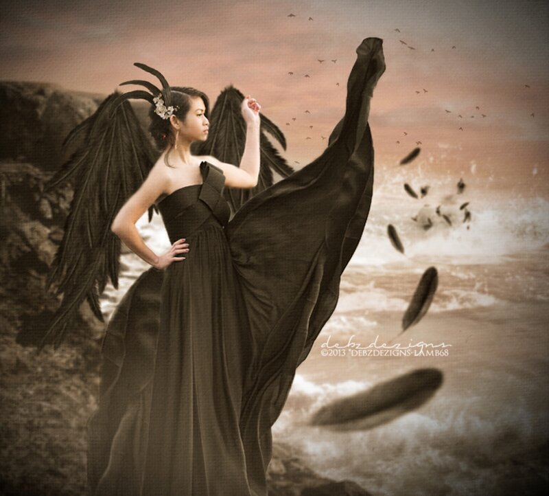 Woman with Black Wings — Brown, Dramatic, Sunset
