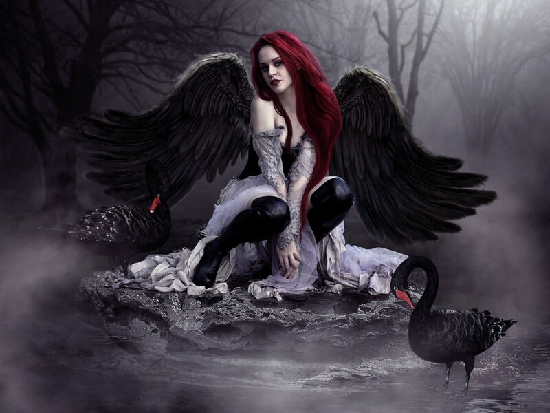 Woman with Black Wings — Dark, Night, Digital Art, Black Swans