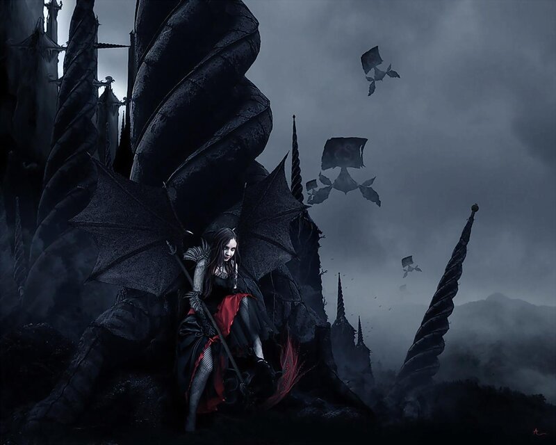 Woman with Black Wings — Dark, Night, Digital Art, Castle, Bats