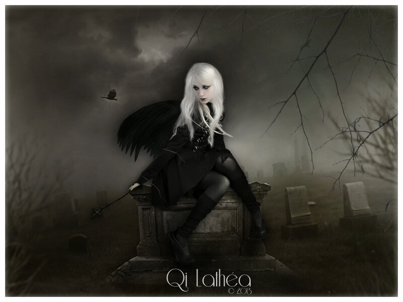 Woman with Black Wings — Dark, Night, Digital Art, Cemetery