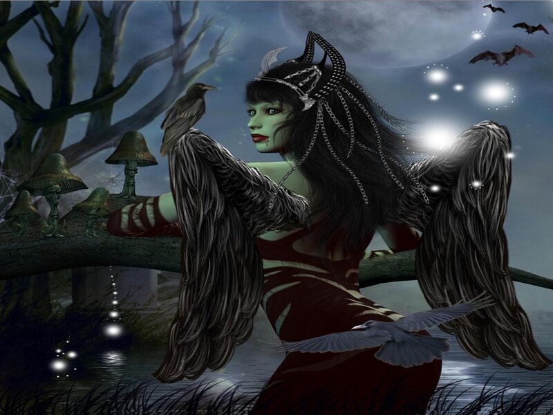 Woman with Black Wings — Dark, Night, Digital Art, Crows