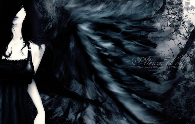 Woman with Black Wings — Dark, Night, Digital Art, Dress