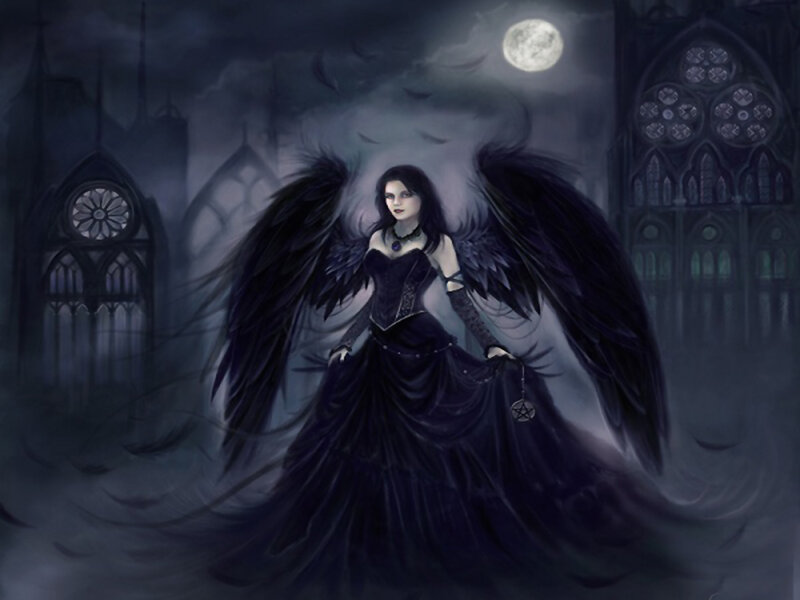 Woman with Black Wings — Dark, Night, Digital Art, Moon, Castle