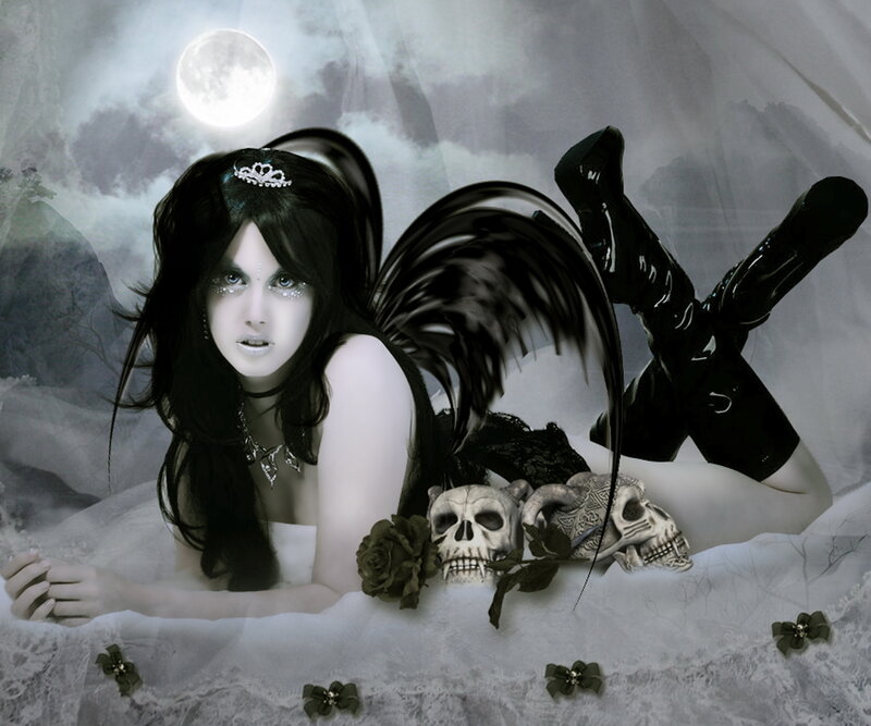 Woman with Black Wings — Dark, Night, Digital Art, Skulls, Moon