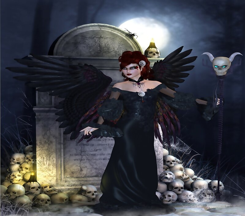 Woman with Black Wings — Dark, Night, Digital Art, Skulls