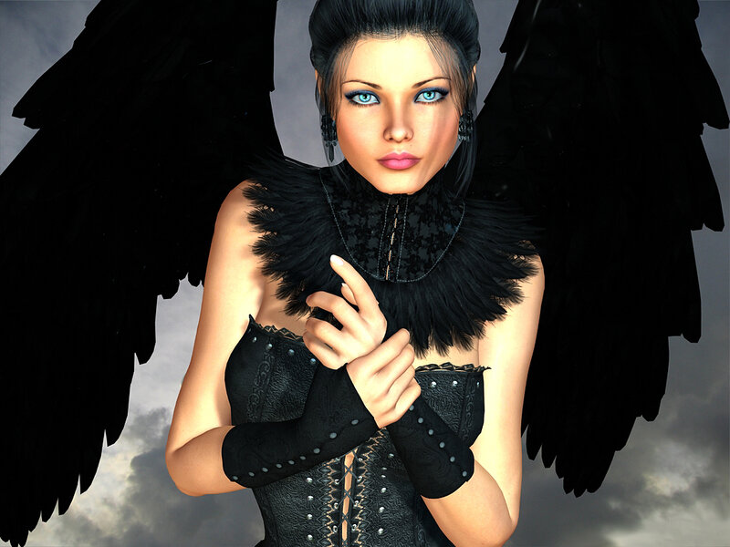Woman with Black Wings — Dramatic, 3d Render, Corset