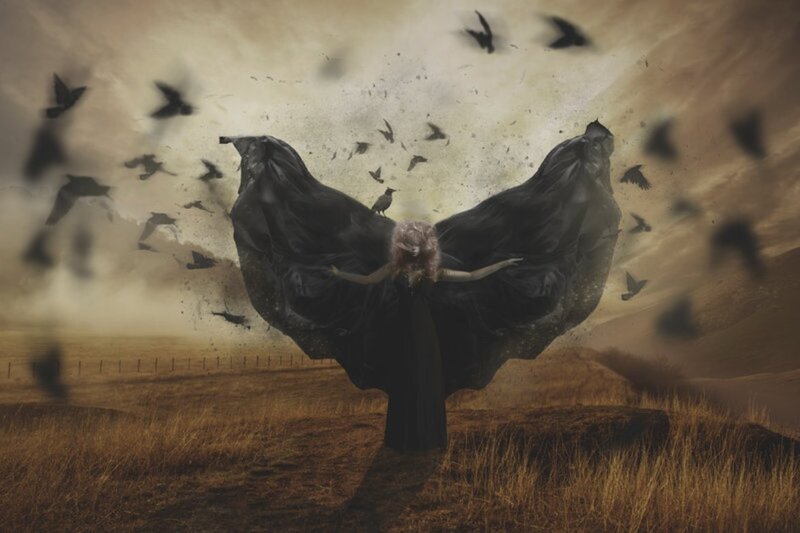 Woman with Black Wings — Dramatic, Digital Art, Birds