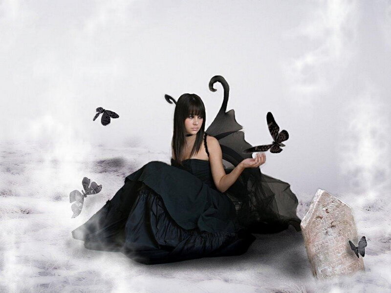 Woman with Black Wings — Dramatic, Digital Art, Butterflies