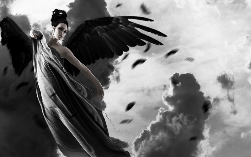 Woman with Black Wings — Dramatic, Digital Art, Clouds, Feathers