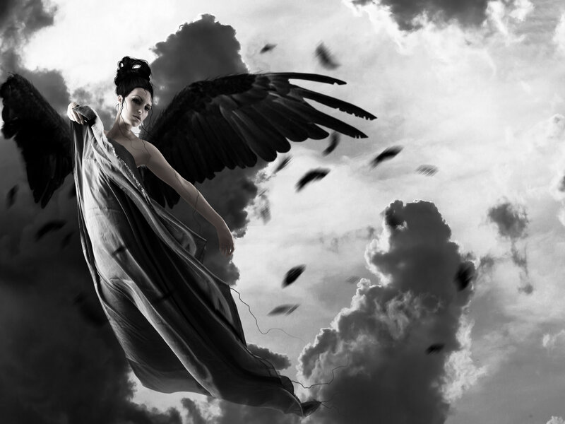 Woman with Black Wings — Dramatic, Digital Art, Clouds