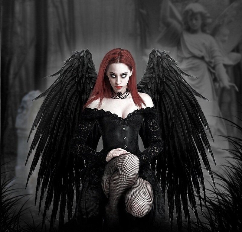Woman with Black Wings — Dramatic, Digital Art, Corset, Fishnet Stockings