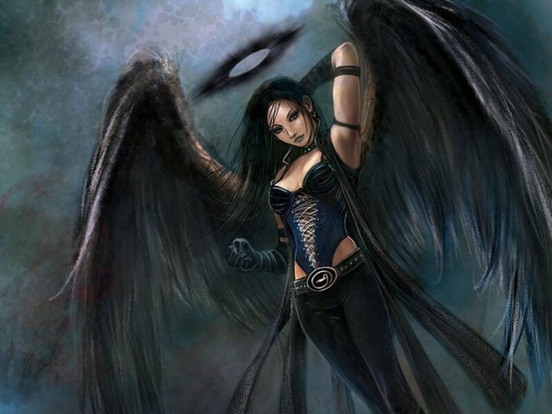 Woman with Black Wings — Dramatic, Digital Art, Corset, Long Hair