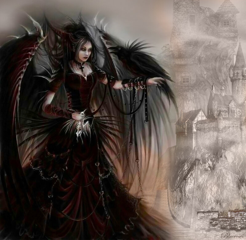 Woman with Black Wings — Dramatic, Digital Art, Crow, Castle