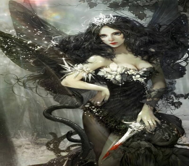 Woman with Black Wings — Dramatic, Digital Art, Crown, Knife