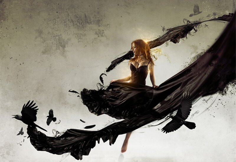 Woman with Black Wings — Dramatic, Digital Art, Crows
