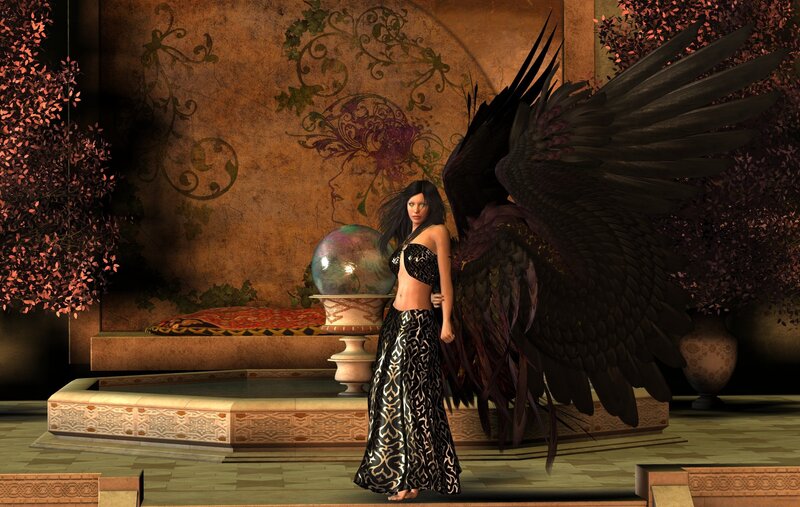 Woman with Black Wings — Dramatic, Digital Art, Crystal Ball