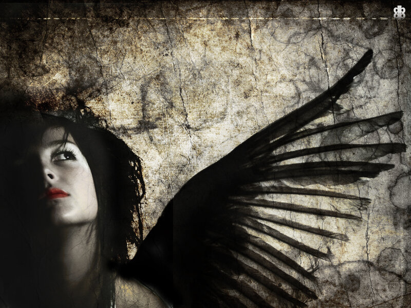 Woman with Black Wings — Dramatic, Digital Art, Dark Hair, Red Lips, White