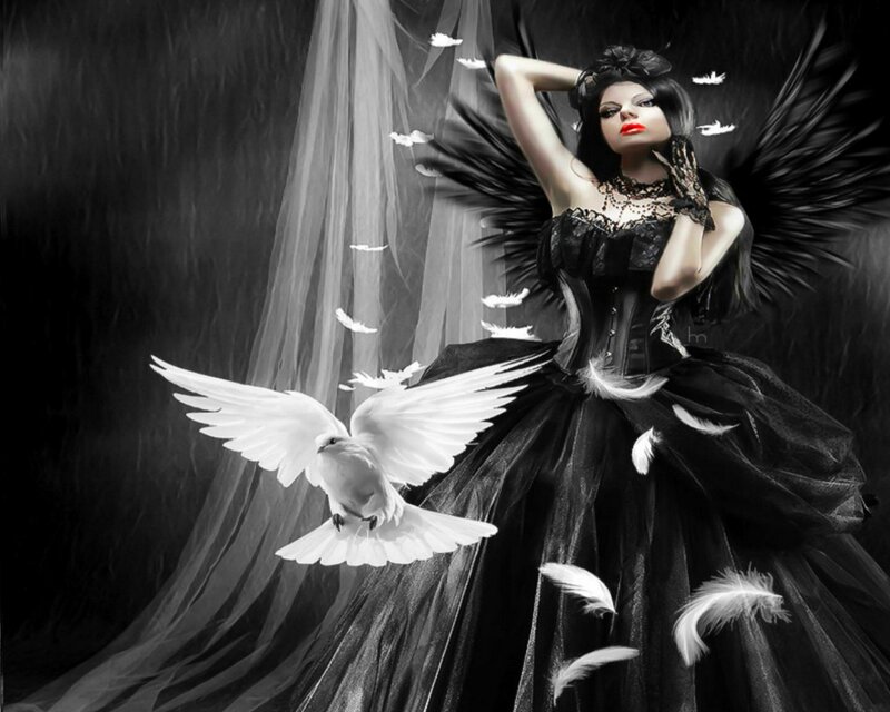 Woman with Black Wings — Dramatic, Digital Art, Dove, Feathers