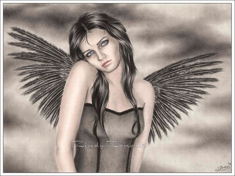 Woman with Black Wings — Dramatic, Digital Art, Dress, Clouds