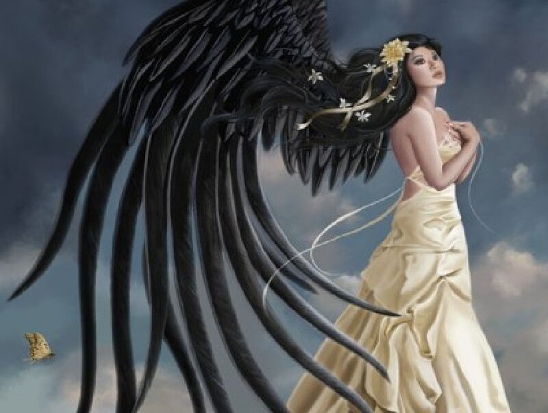 Woman with Black Wings — Dramatic, Digital Art, Dress