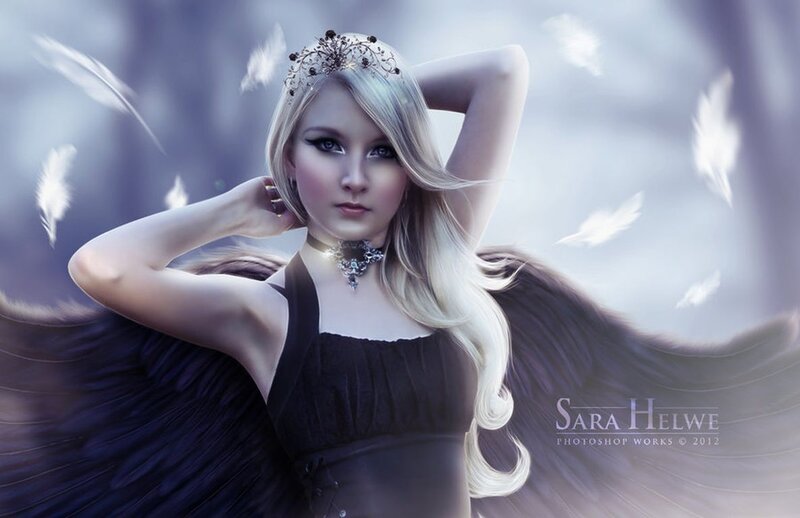 Woman with Black Wings — Dramatic, Digital Art, Feathers, Crown