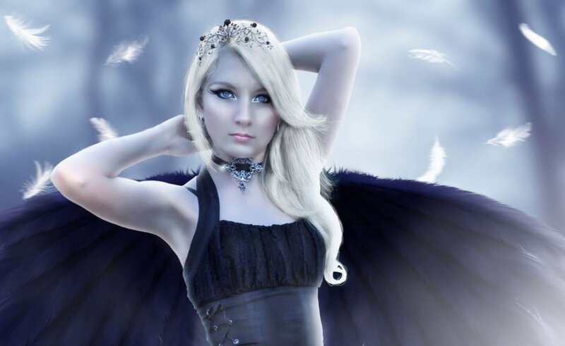 Woman with Black Wings — Dramatic, Digital Art, Feathers, Tiara