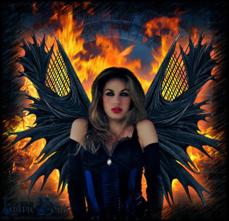 Woman with Black Wings — Dramatic, Digital Art, Fire, Corset