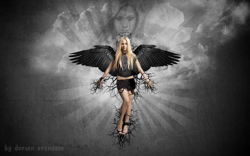 Woman with Black Wings — Dramatic, Digital Art, Halo, Clouds