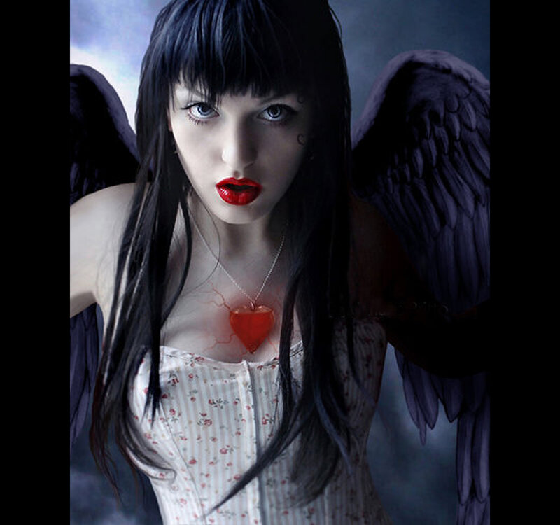 Woman with Black Wings — Dramatic, Digital Art, Heart Pendant