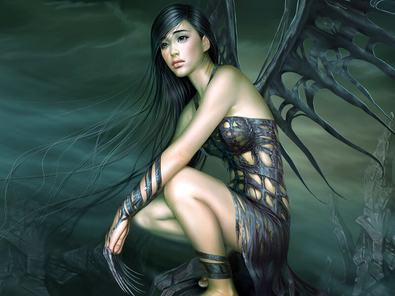 Woman with Black Wings — Dramatic, Digital Art, Long Hair, Dress, Green, Skin Tone