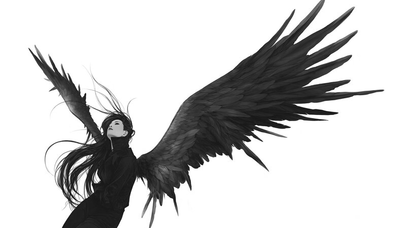Woman with Black Wings — Dramatic, Digital Art, Long Hair, White Background